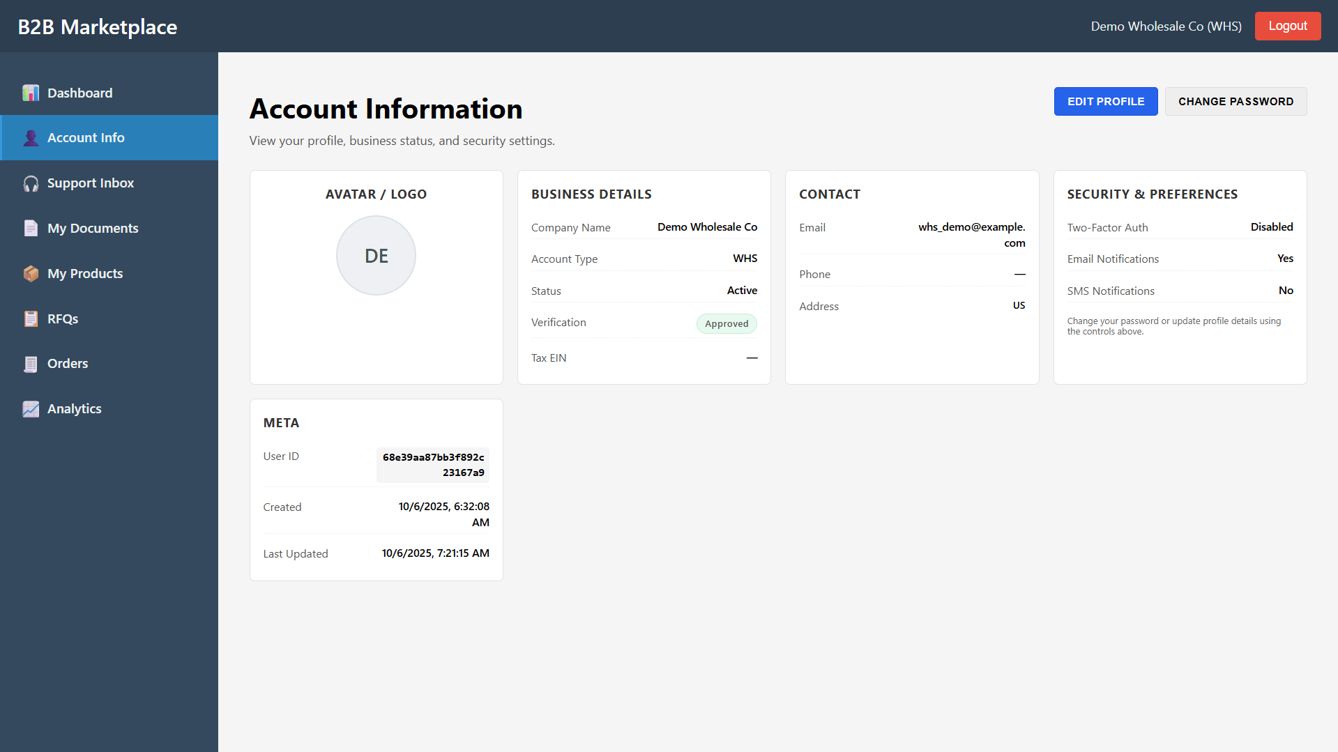B2B backend dashboard